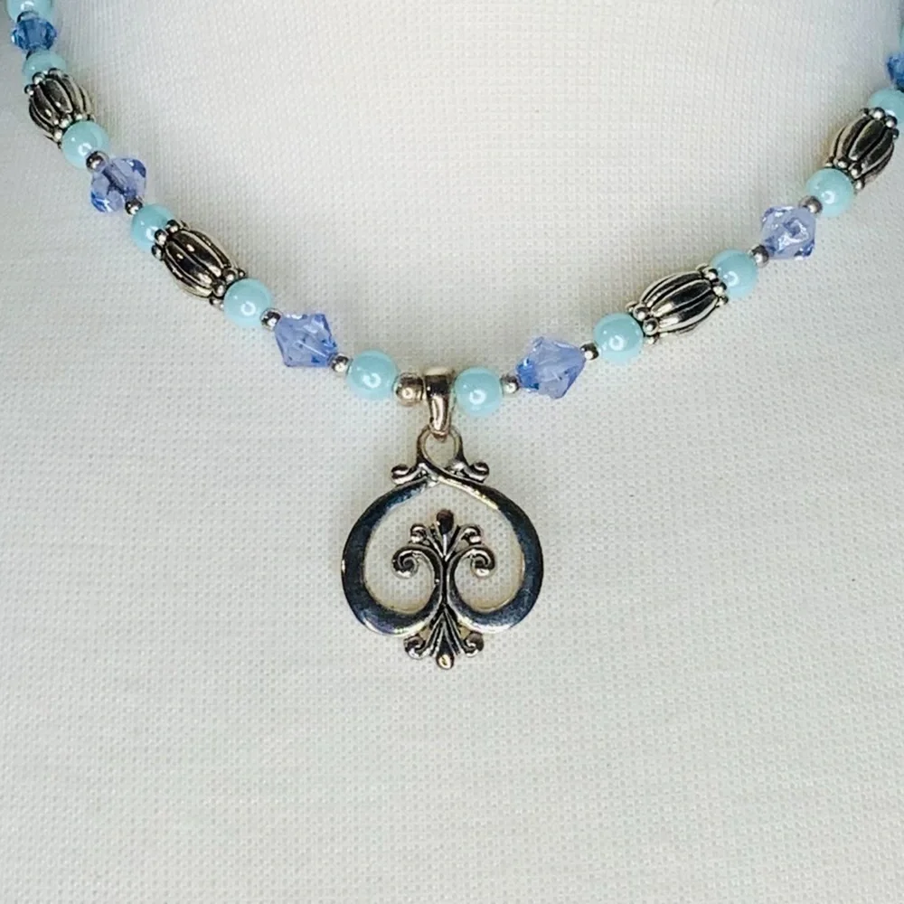 Blue Pearl, Lavender/Silver Bead Heart Necklace 16”-18” & 1” Earrings